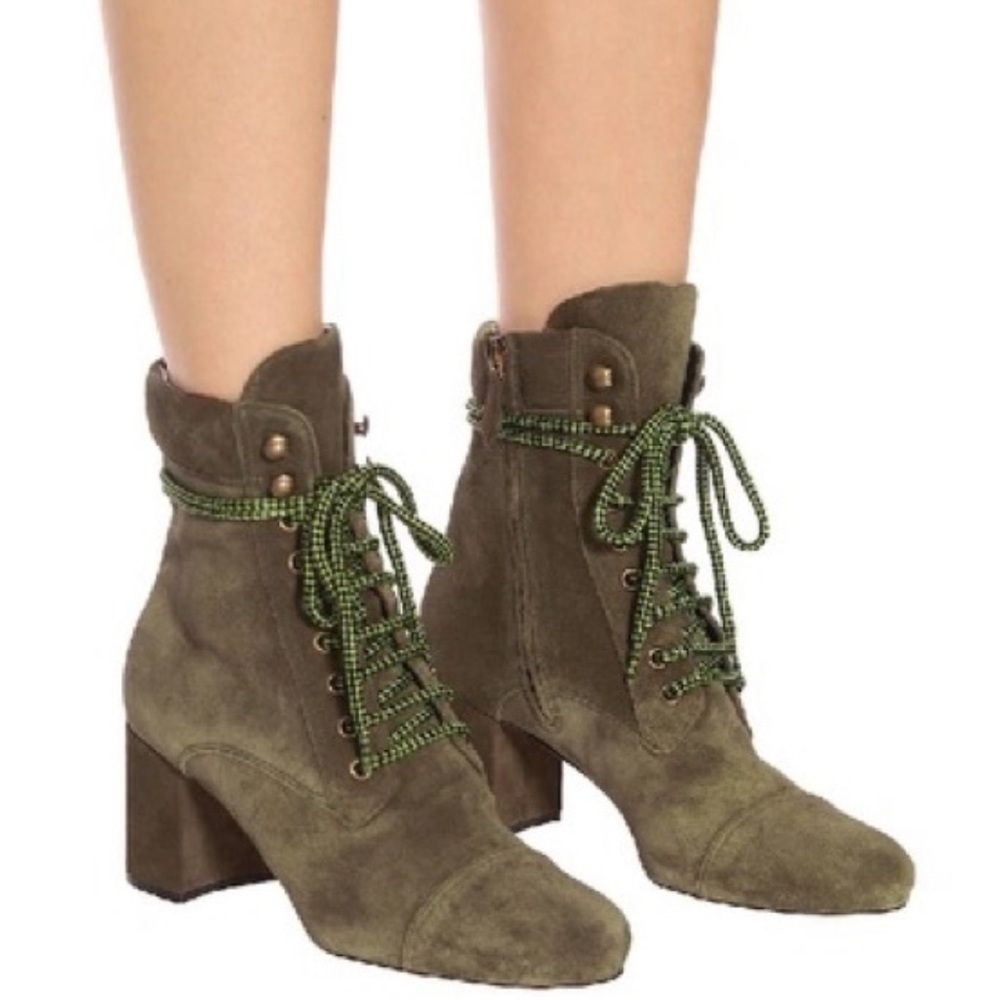 Miu Miu Green Suede Lace Up Nevermind Combat Booties Boots